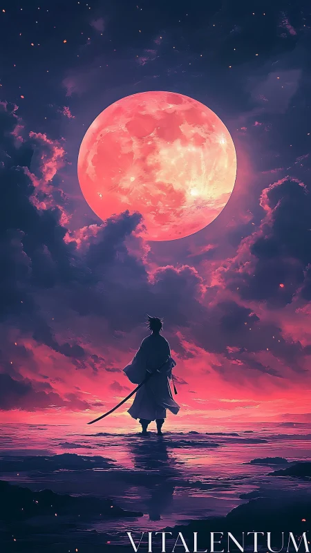 Samurai silhouette under crimson lunar horizon, digital painting.