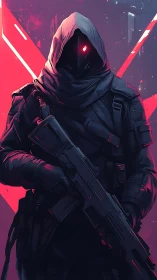 Hooded cybernetic sentinel with rifle in neon crimson haze.