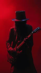 Silhouetted guitarist in top hat plays under deep red light