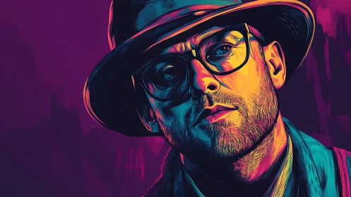 Man in hat and glasses rendered in vivid neon portrait