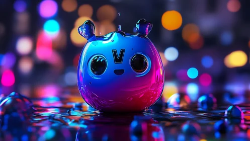 Playful neon blob friend glowing in a dreamy city night.
