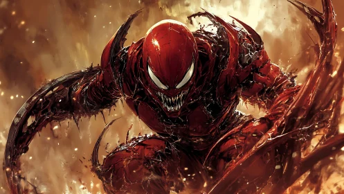 Red monstrous symbiote lunges forward in fiery chaos.