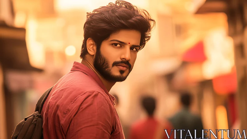 Sunlit street portrait of thoughtful young man in focus.