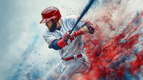 Dynamic baseball batter rendered with high-contrast digital splatter effects