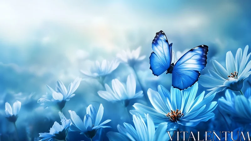 Blue morpho butterfly on cyan daisies in shallow depth of field