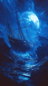Ghost ship drifts through lunar-lit abyssal seascape.