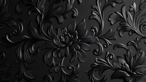 Black baroque floral relief pattern with sculpted curves.