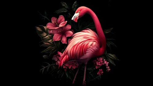 Flamingo portrait with tropical florals on black ground.