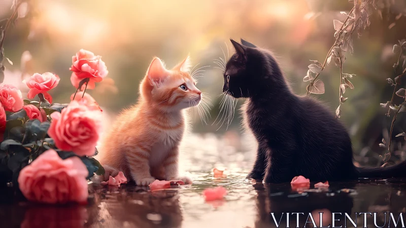 Two Kittens in Romantic Garden: Digital Rendering with Volumetric Lighting and Bokeh