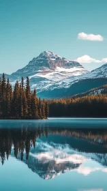 Snowcapped mountain and pine forest mirrored on calm lake.