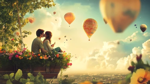 Love Ascends: Couple Watches Hot Air Balloons in Sky.