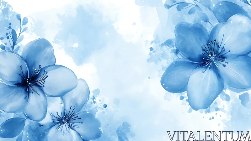 Blue flowers bloom softly in a serene, dreamlike watercolor atmosphere