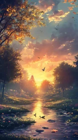 Golden river sunset bathes tranquil forest in gentle light