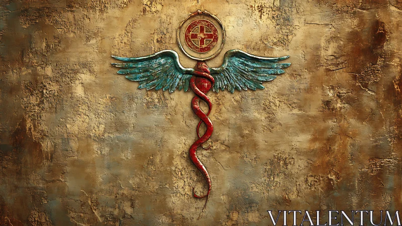 Winged serpent caduceus on textured golden wall art.