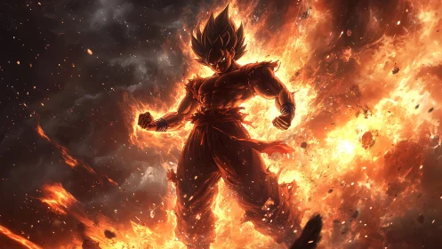Silhouetted anime fighter amid intense fiery explosion field.