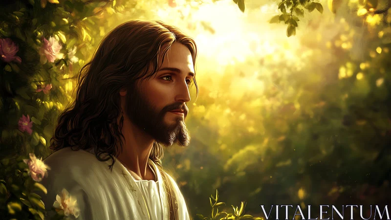 Soft backlit portrait of robed man in luminous forest clearing