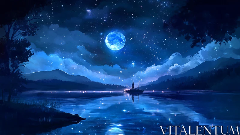 Moonlit lakeside panorama renders ethereal nocturnal seascape