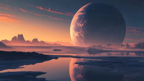 Distant gas giant above icy landscape at sunset.