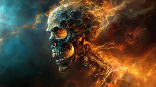 Fiery flaming skull profile in swirling cosmic flames.