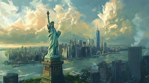 Sunlit Statue of Liberty watching over calm New York Harbor.