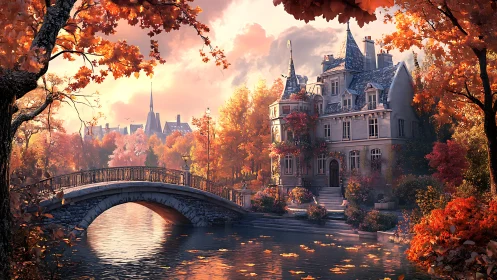 Storybook chateau beside a golden autumn riverside bridge.