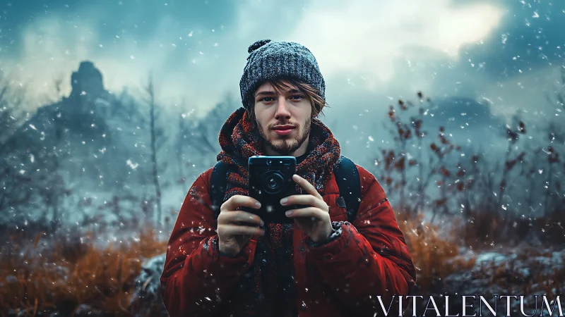Portrait of a winter photographer framed by shallow depth of field