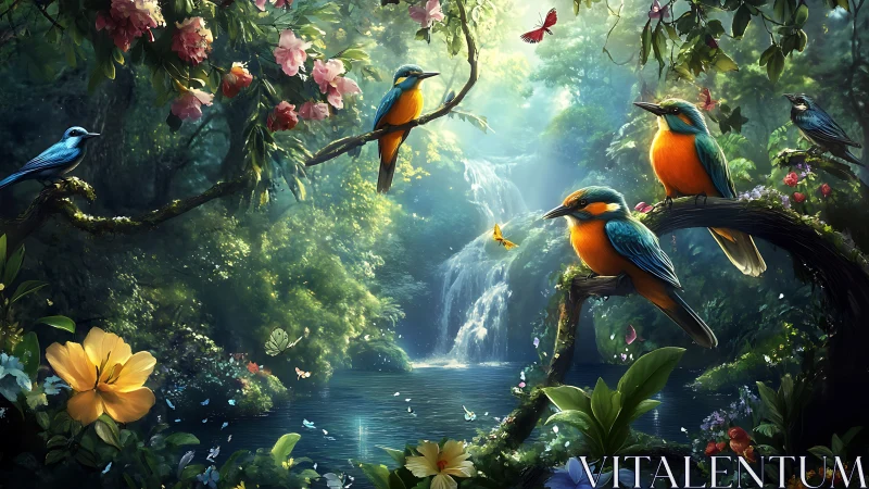 Chromatic kingfishers in a hyper-luminous rainforest cascade.