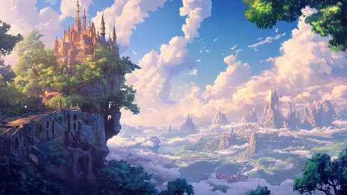 Fantasy Realm with Golden Castle Overlooking Celestial Landscape.