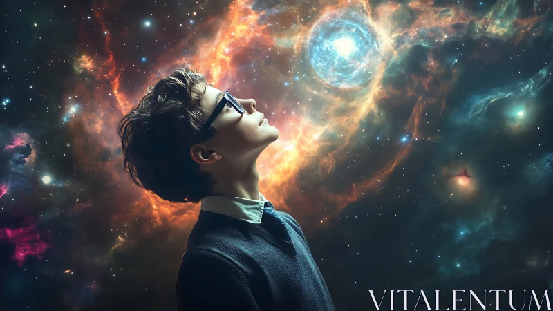 Person in profile views luminous nebula and bright blue star