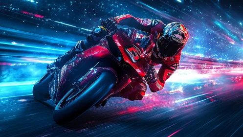 Neon superbike racer cuts through electric night speedway.