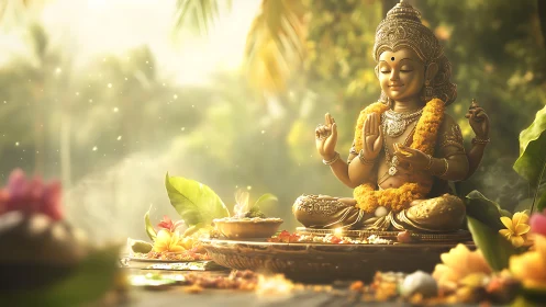 Golden goddess statue in soft morning light and flowers.