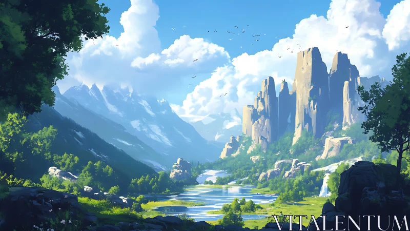 Sunlit alpine valley with towering stone spires and river.