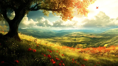 Sunlit hillside tree and distant layered valley landscape.