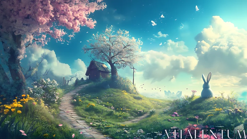 Rabbit sentinel on a blossom hill under storybook skies.