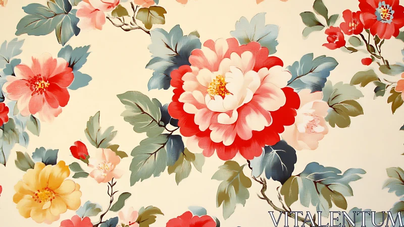 Floral surface pattern with layered peony blooms and stylized foliage