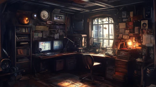 Dim dual-monitor workstation anchors cluttered analog-digital lab