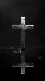 Silver metal cross with stark reflection on black background.