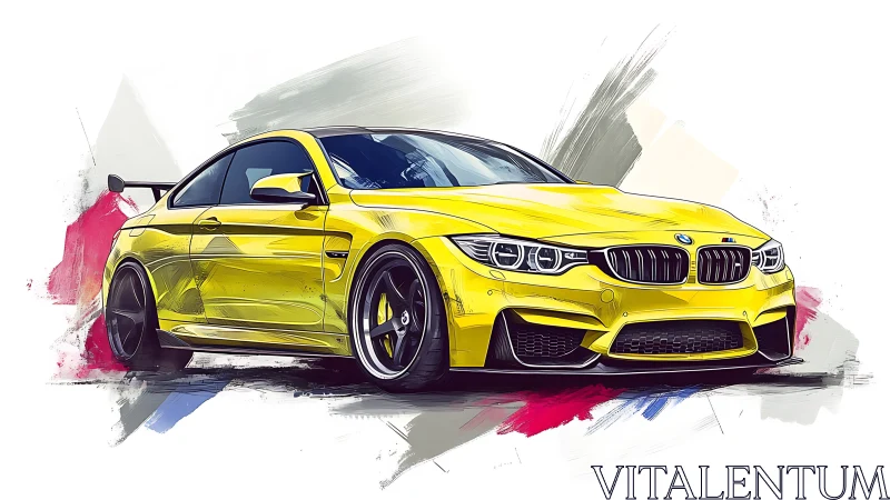 Yellow BMW coupe rendered with dynamic painterly strokes.