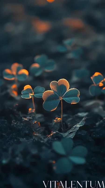 Clover lanterns glow in dusky soil, whispering quiet luck.