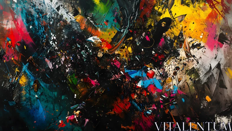 Dynamic abstract expressionist painting with vivid splashes of color.