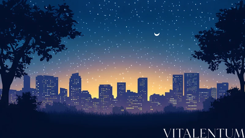 City skyline glows softly beneath a peaceful starlit sky