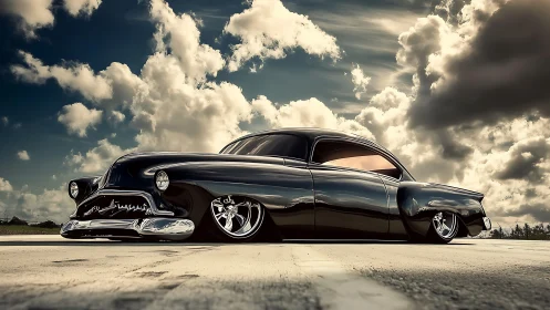 Low-slung black custom coupe beneath dramatic cloudy sky.