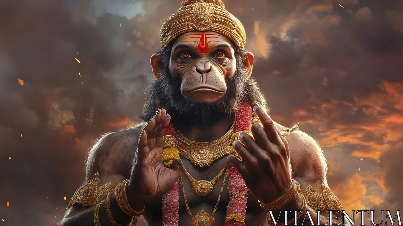 Divine monkey warrior in ornate gold armor and garlands.