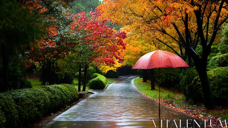 Suspended red umbrella in reflective autumn rain corridor.
