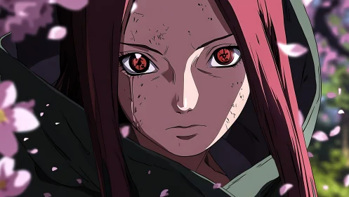 Intense red-eyed anime character framed by drifting petals