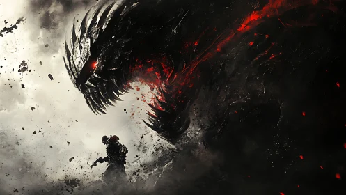 Lone armored warrior confronts colossal shadow dragon in ash