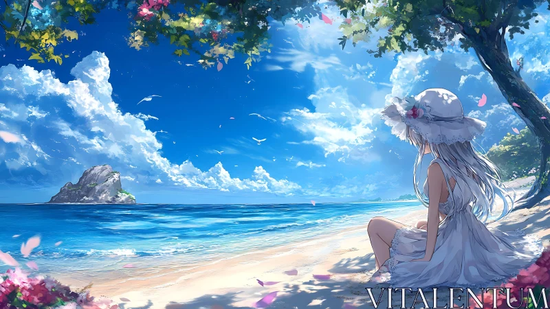 Coastal luminance study with seated figure in white dress.