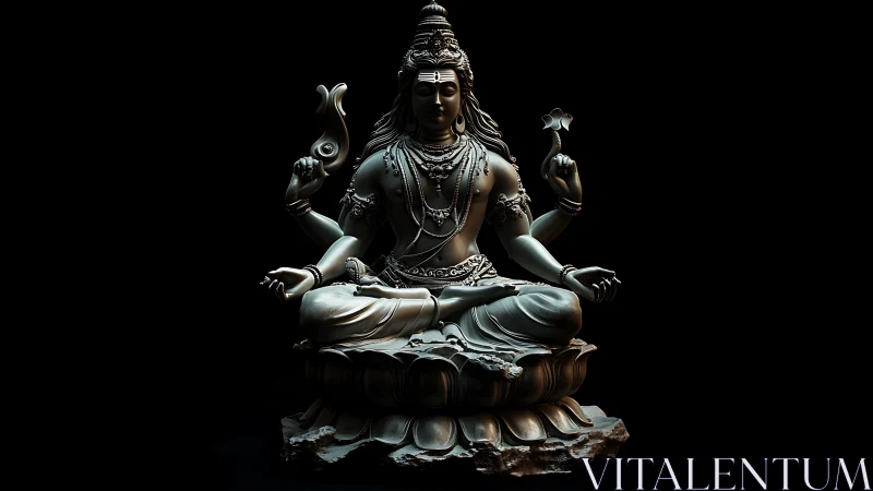 High-contrast 3D render of ornate multi-armed meditative deity statue