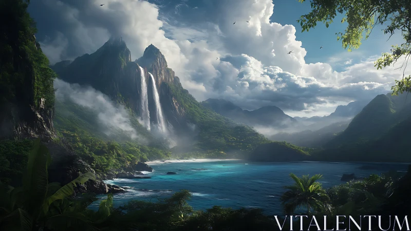 Tropical bay holds towering waterfall beneath storm clouds