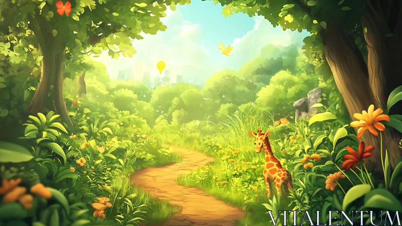 Sunny forest path with a curious baby giraffe friend.